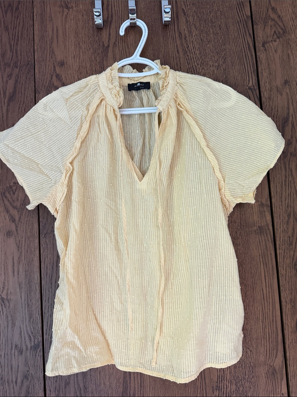 7 For All Mankind Pale Yellow Short-Sleeve Ruffled Neck Blouse